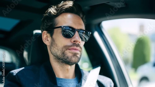Confident man driving car with sunglasses and seatbelt in bright urban lifestyle scene