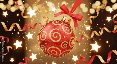 Red Christmas ornament with gold swirls and ribbon on festive background