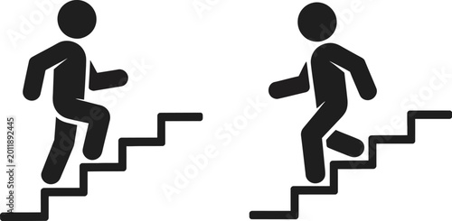 Foto Man Walking Stairs Icon Set, Up and Down Steps Symbols, Progress and Direction I