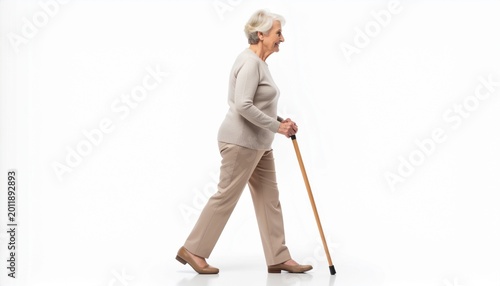 Elderly Woman Walking with Cane Isolated on White Background