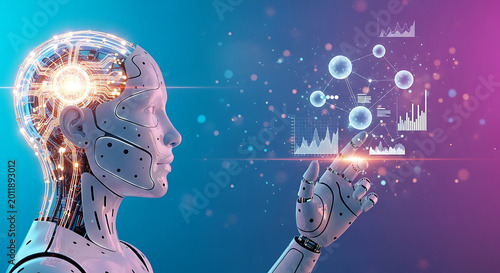 robot with glowing circuitry in head reaching out to touch digital graphs and charts