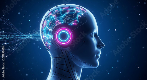 cybernetic human head with neon brain activity and digital connections high quality