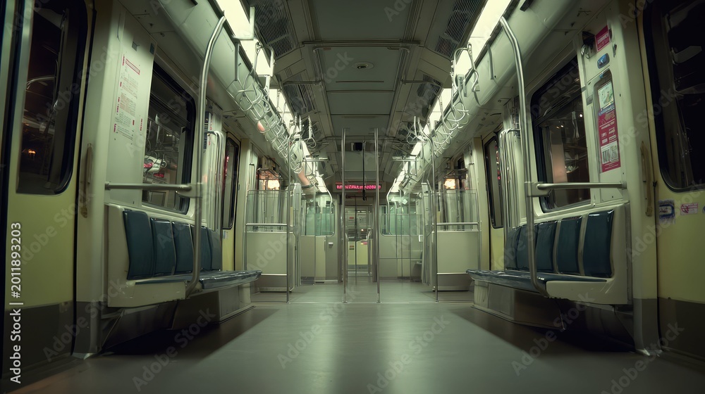Obraz premium Passenger train car interior appearing deserted during late hours, highlighting themes of urban solitude, silent transit, and journey through a quiet metropolitan environment