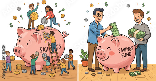 Savings Fund Vector Set with People Depositing Coins and Cash into Large Piggy Banks Illustrating Financial Growth, Teamwork, Banking, and Money Management Concepts.