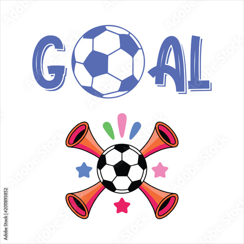 Colorful soccer goal celebration vector illustration with football balls and festive trumpets for sports fans