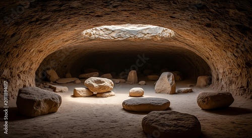 Ancient Stone Cave Interior Illuminated by Natural Light Through Narrow Opening