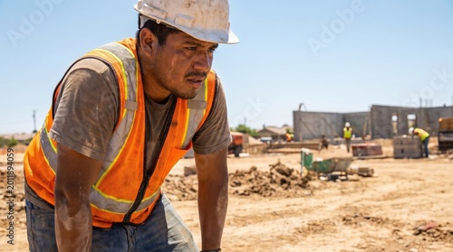 Tired male construction worker in an orange safety vest and white hard hat resting at a sunny building site.