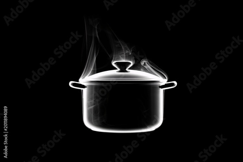 Glowing Cooking Pot With Steam On Black Background Illustration