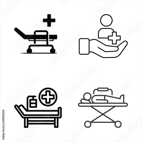 Medical and Hospital Care Icon Set with Emergency Stretcher and Patient Bed Line Art Illustrations
