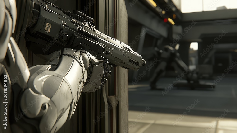 Fototapeta premium Future soldier in advanced armor holding a combat weapon, looking through a futuristic sight while another unit moves in the background on a dystopian battlefield