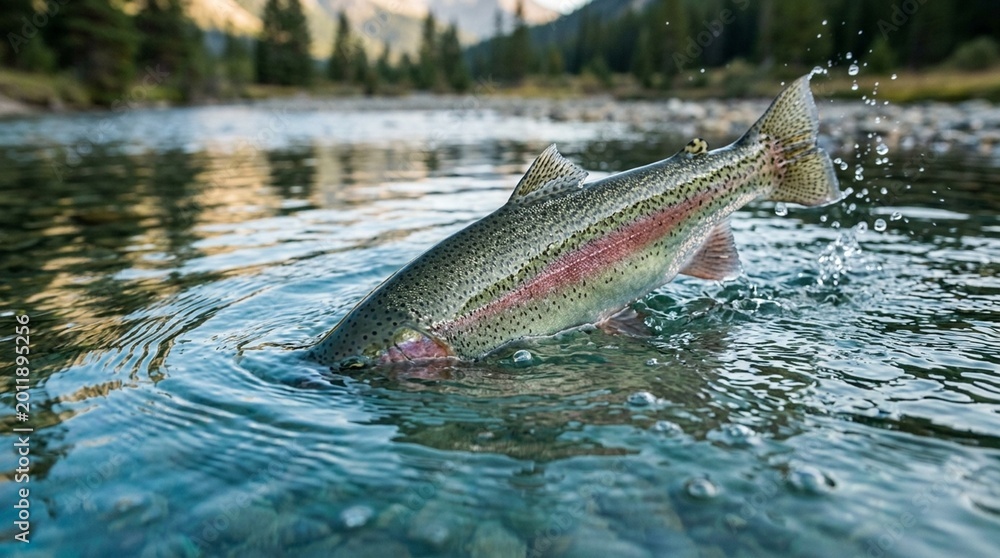 Fototapeta premium Catch and Release Fish Held in Clear River Water - Fly Fishing Conservation Sport Stock Photo