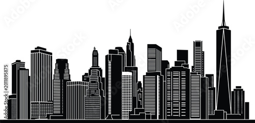 New York City Skyline Silhouette Vector Illustration Featuring World Trade Center and Downtown Skyscrapers for US Travel Branding and Urban Real Estate Graphic Design Projects