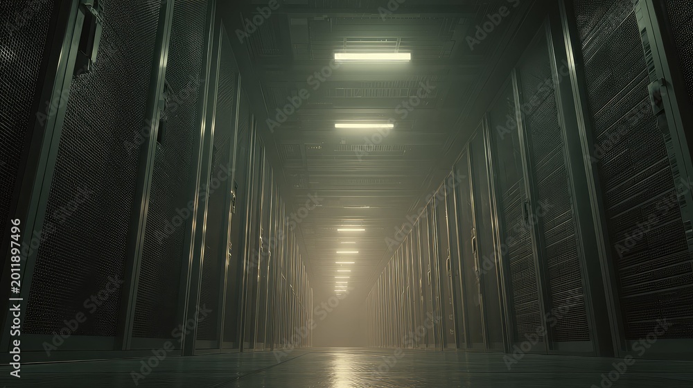 Fototapeta premium Server racks lining a long, dimly lit corridor within a data center, highlighting the infrastructure for cloud computing and global network connections, all illuminated by a series of ceiling lights