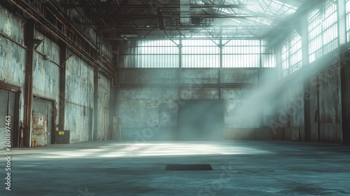 Vast empty industrial warehouse interior with diffused daylight entering through large windows, creating atmospheric dust and volumetric lighting effects