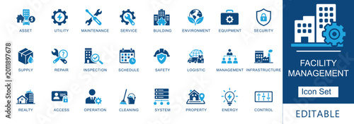Bild auf Leinwand Facility management icon set featuring maintenance, security, logistics, and property operations