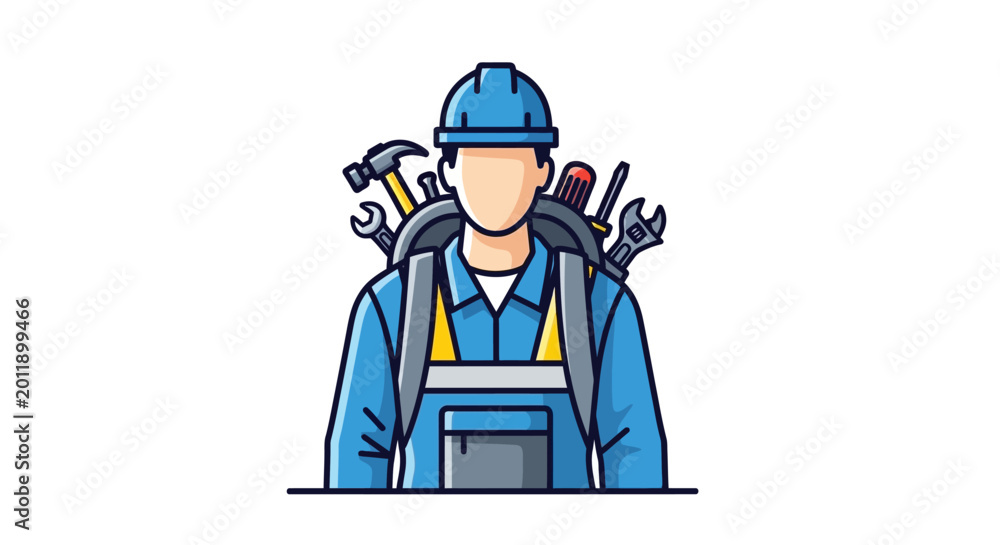 Fototapeta premium Skilled worker with tools on back, construction, repair, handyman concept