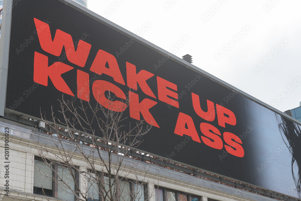 Fototapeta premium big bold digital billboard featuring advertising for Kicking Horse Coffee, facing Sankofa Square, Toronto