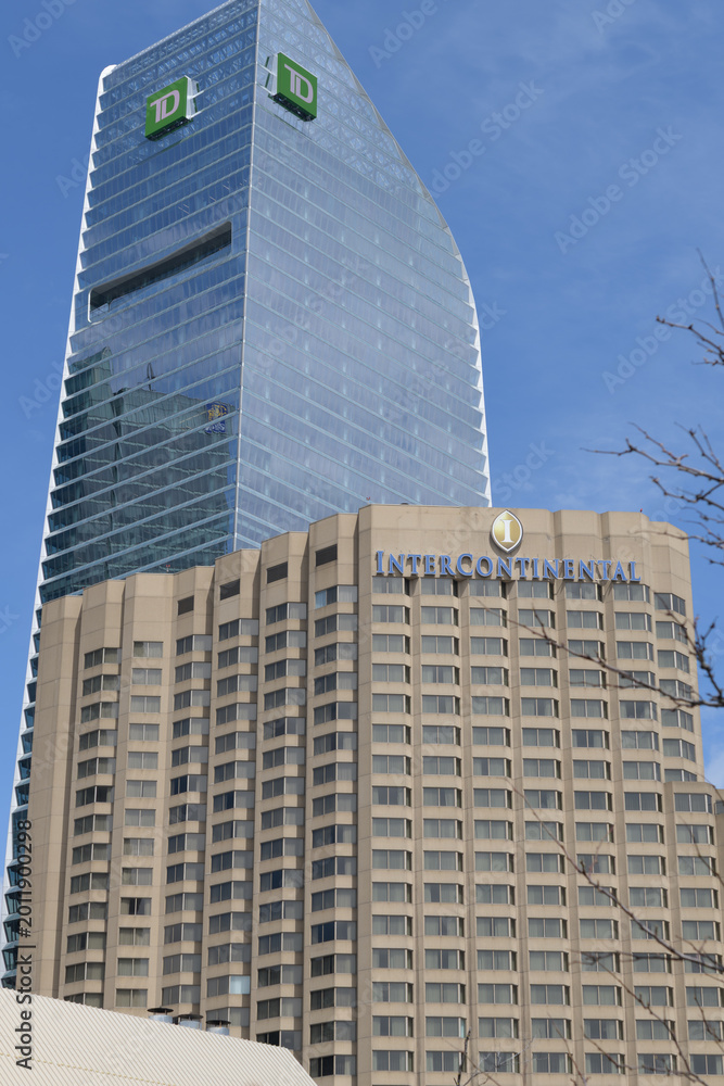Fototapeta premium architectural neighbours: TD Terrace designed by Adrian Smith + Gordon Gill Architecture located at 160 Front St W and InterContinental, a hotel, located at 225 Front St W, Toronto