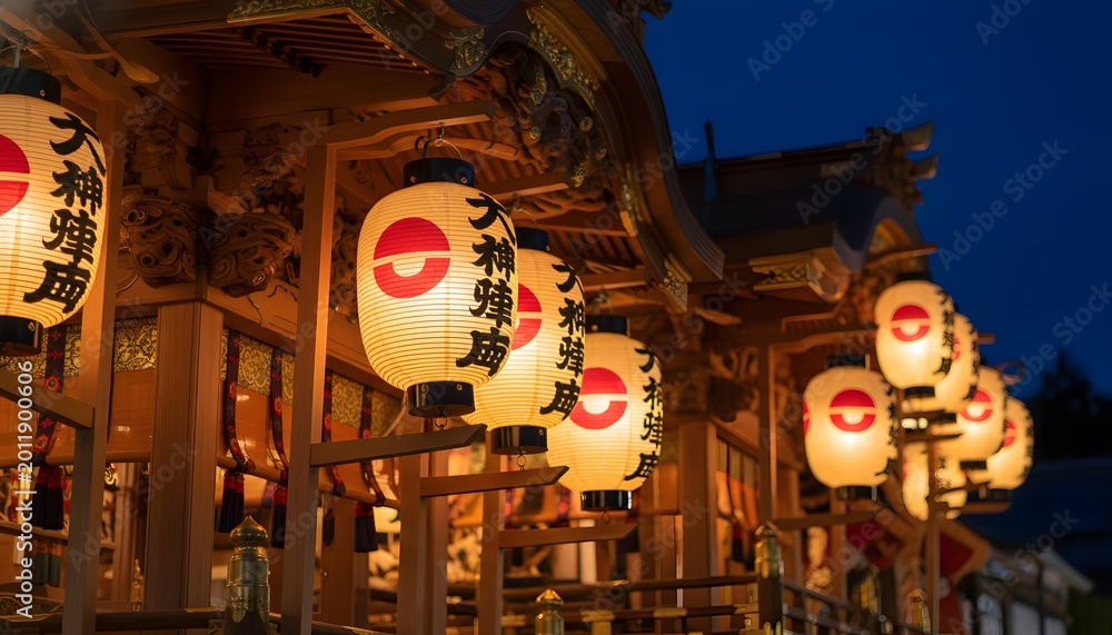 Obraz premium Traditional Japanese paper lanterns glowing during a religious ceremony at the Gion Matsuri festival in Kyoto with night illumination for a cultural heritage concept