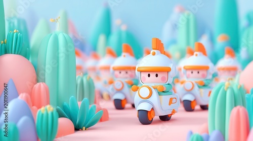 Playful cartoon characters exploring a whimsical pastel landscape filled with colorful sculptures and soft textures, vibrant atmosphere.