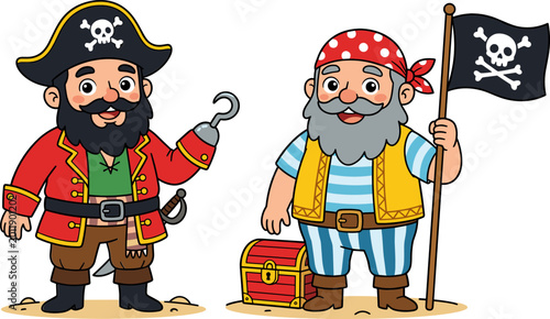 Schilderij op canvas Cute Cartoon Pirate Character Set Featuring a Captain with Hook Hand and Sailor