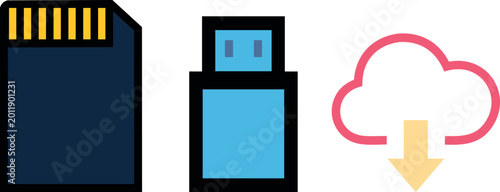 Memory Card, USB Flash Drive, and Cloud Download Icon Vector