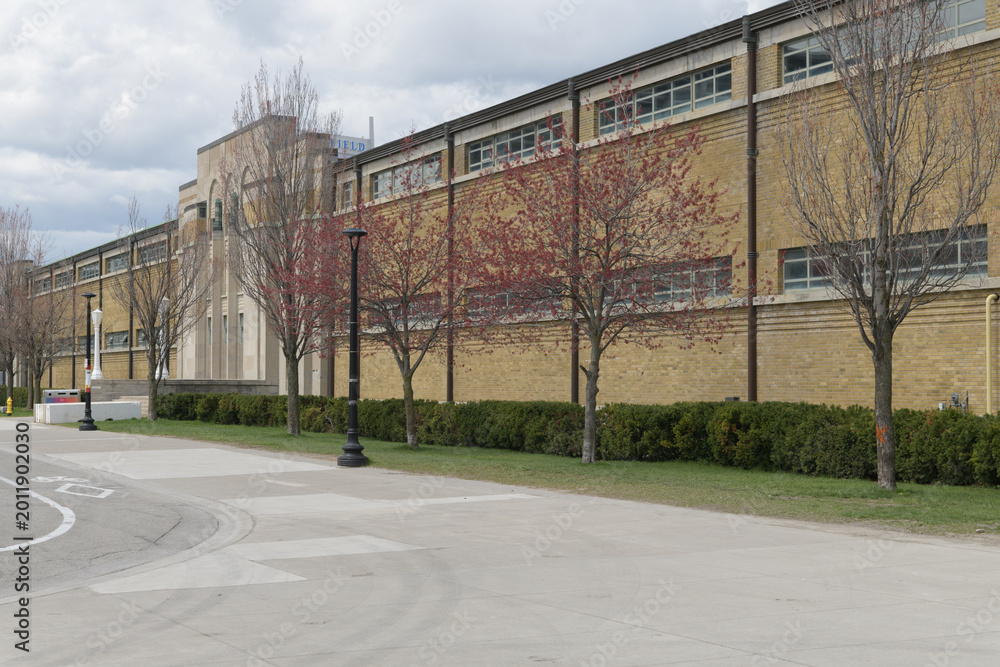 Obraz premium perspective view of Horse Palace, a historical building, designed by James John Woolnough, in Art Deco style, 1931, 15 Nova Scotia Av, Exhibition Place, Toronto