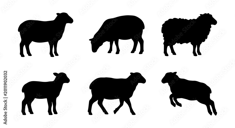 Εκτύπωση καμβά Sheep Silhouettes Vector Set, Farm Animal Icons, Black Lamb and Ewe Graphics Col