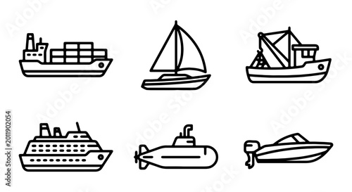 Bild auf Leinwand Maritime transport vector icon set, commercial shipping vessels, passenger cruis