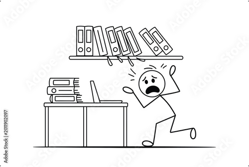 Panicked stick figure reacting to collapsing office shelf with falling binders and documents, symbolizing workplace stress.