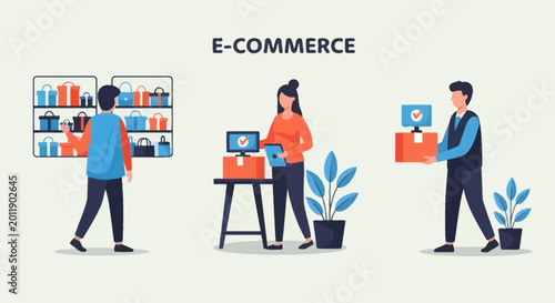 Bild auf Leinwand E-commerce concept with people shopping online, packing and delivering orders