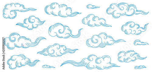 Hand Drawn Asian Cloud Doodles Traditional Chinese and Japanese Sky Elements Set