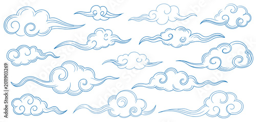 Hand Drawn Asian Cloud Doodles Traditional Chinese and Japanese Sky Elements Set
