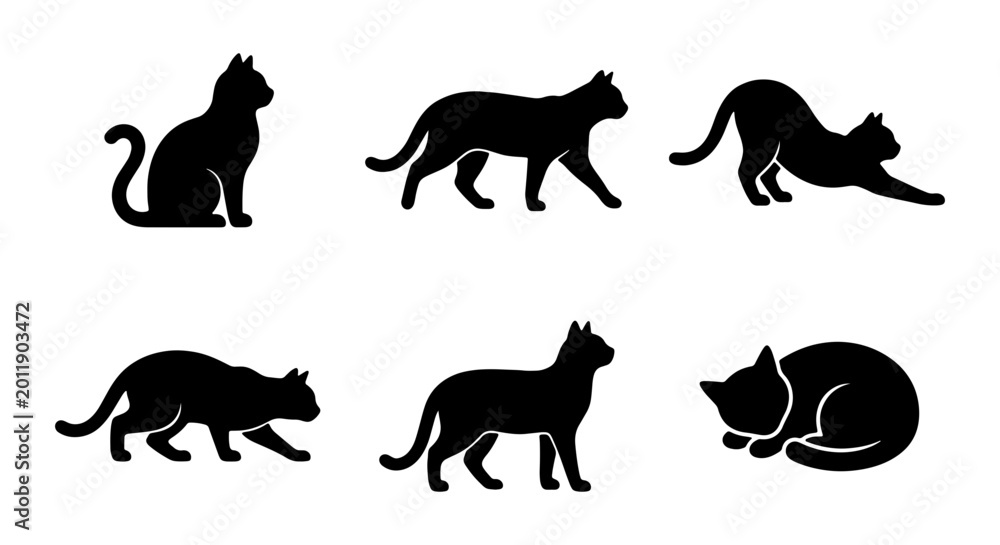 Fototapeta premium Black Cat Silhouettes, Feline Animal Icons, Domestic Pet Vector Set, Kitten Graphics
