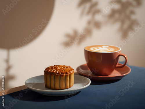 dishes mooncakes and a ceramic coffee cup with latte art on the table