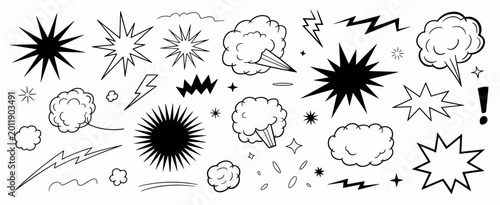Hand Drawn Comic Explosion Bursts Smoke Clouds and Speech Effect Doodles Set