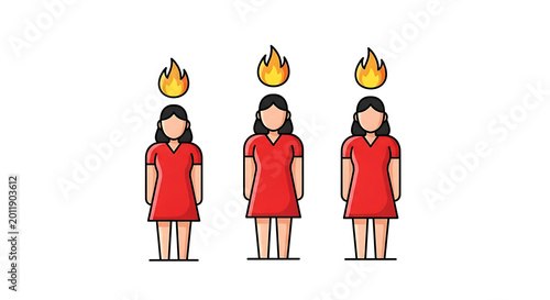 Three women wearing red dresses and yellow headscarves standing side by side woman headscarf