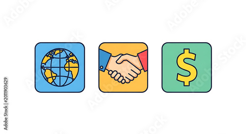 Three colorful, flat-design representing earth, a book, and a speech bubble globe planet open