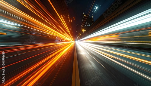 Light trails speed through a night city. Blurry, dynamic & colorful
