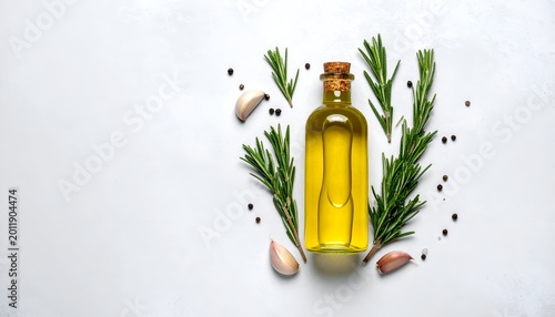 Olive oil bottle with rosemary, garlic, and peppercorns on white