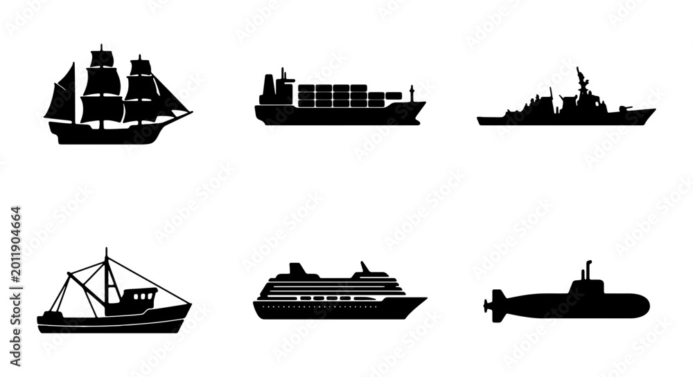 Fototapeta premium Maritime vessel silhouettes, diverse ship collection, naval transport, cargo, cruise, fishing boat vector set