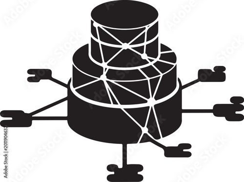 Black, web wrapped cylinder, geometric shape, abstract icon, modern symbol