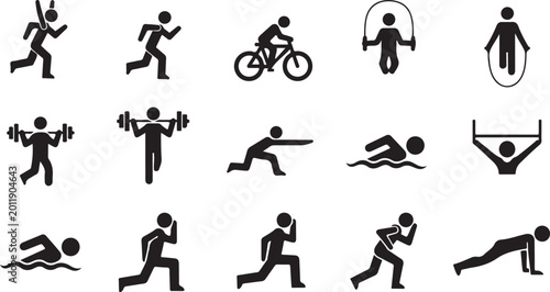 Fitness, exercise, workout icons, 16 black silhouette graphics, sports symbols, vector illustrations