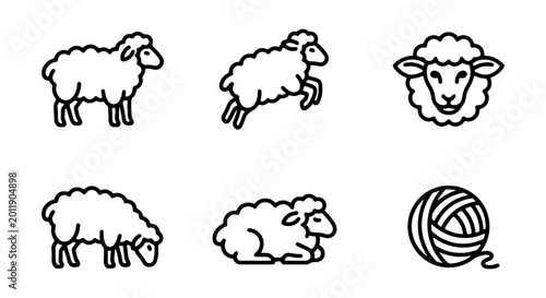 Sheep line icon set, wool yarn ball and lamb symbols, 6 farm animal vector elements