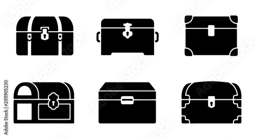 Bild auf Leinwand Vintage treasure chest icon set, 6 black pirate trunk vectors, antique storage b