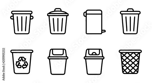 Minimalist trash can icons, 8 waste bin line vectors, recycling garbage container set