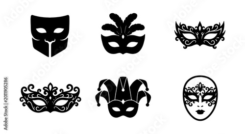 Elegant Venetian Carnival Masks, Black Masquerade Party Face Coverings, Festive Celebration Vector Set