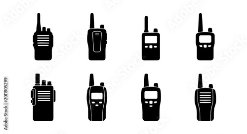Konstfotografi Walkie talkie icon set, portable radio transmitter vector, 8 communication devic