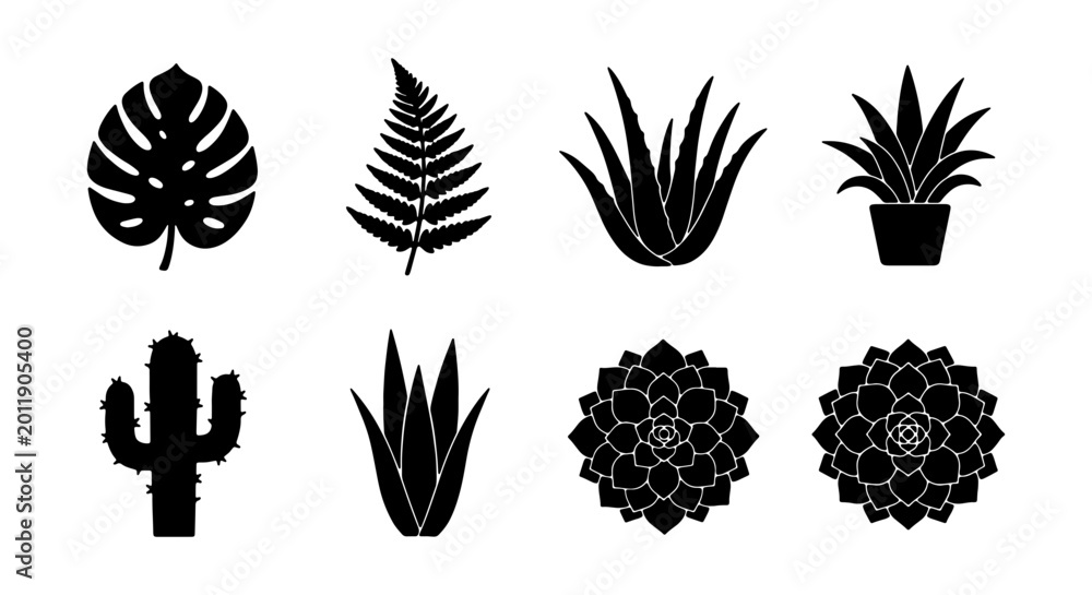 Obraz premium Tropical plant silhouettes, succulent icons, botanical foliage vector collection, houseplant graphics