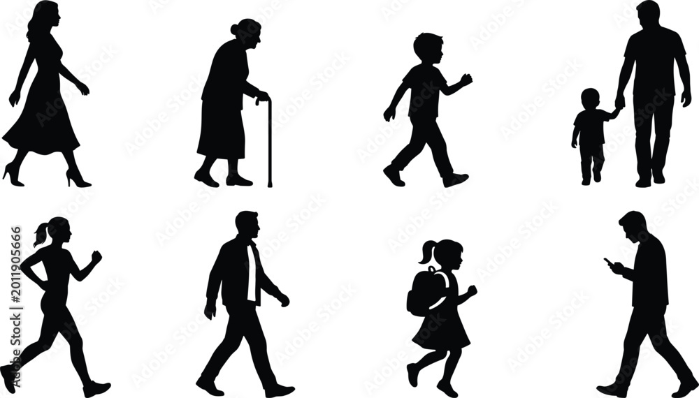 Fototapeta premium Set of Diverse People Walking Silhouette Icons Including a Senior Woman with a Cane Family with Child and Man Using a Smartphone for Lifestyle and Urban Design Projects